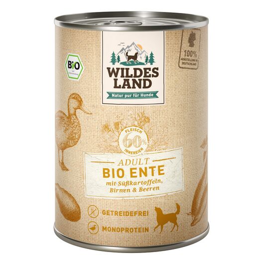 Wildes Land Hrana umeda pentru caini BIO rata cu cartofi dulci 400 g