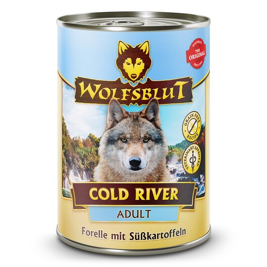 Wolfsblut hrana umeda pentru caini Cold River Adult cu pastrav si cartofi dulci 395 g
